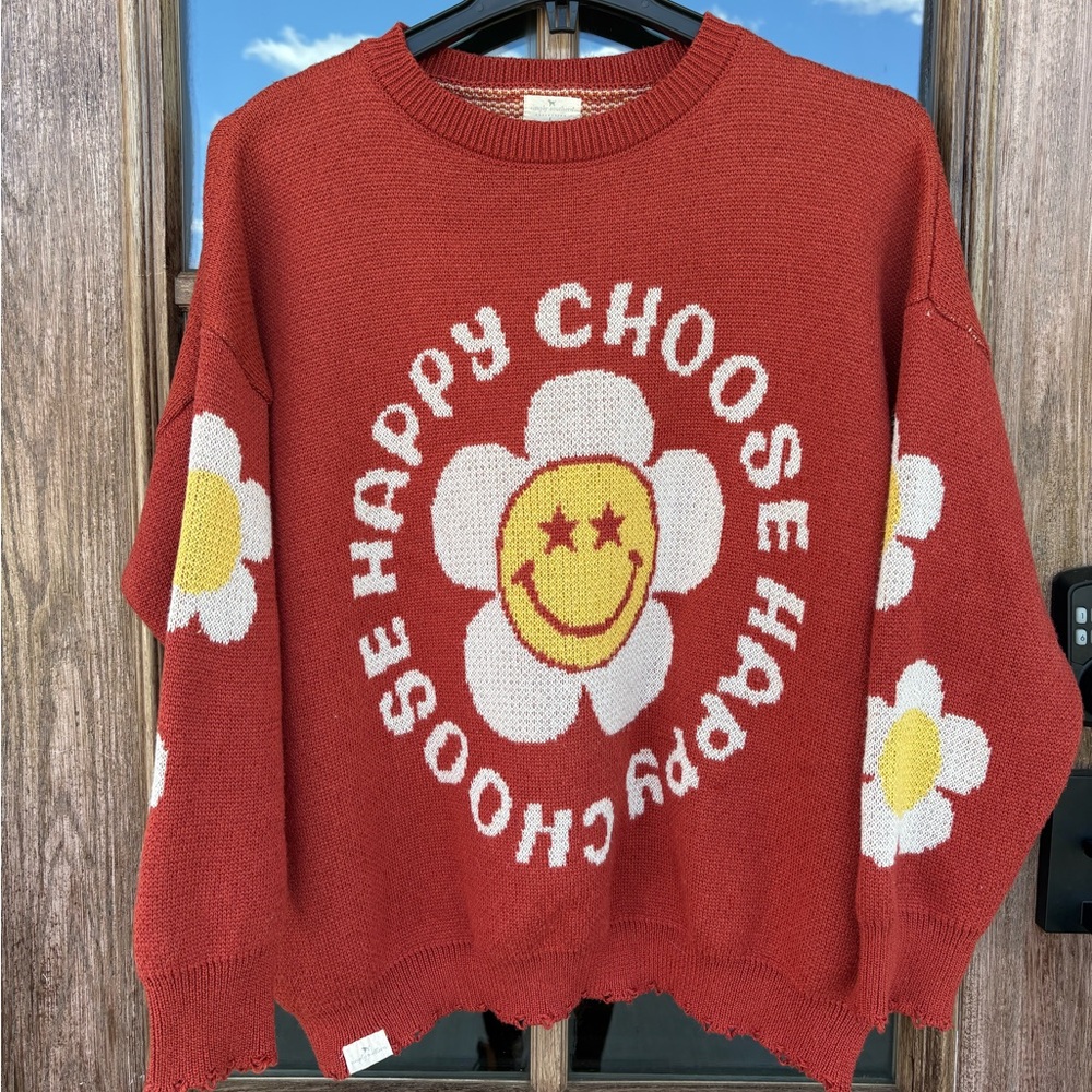 Simply Southern Rust Red Daisy 'Choose Happy' Crewneck Sweater